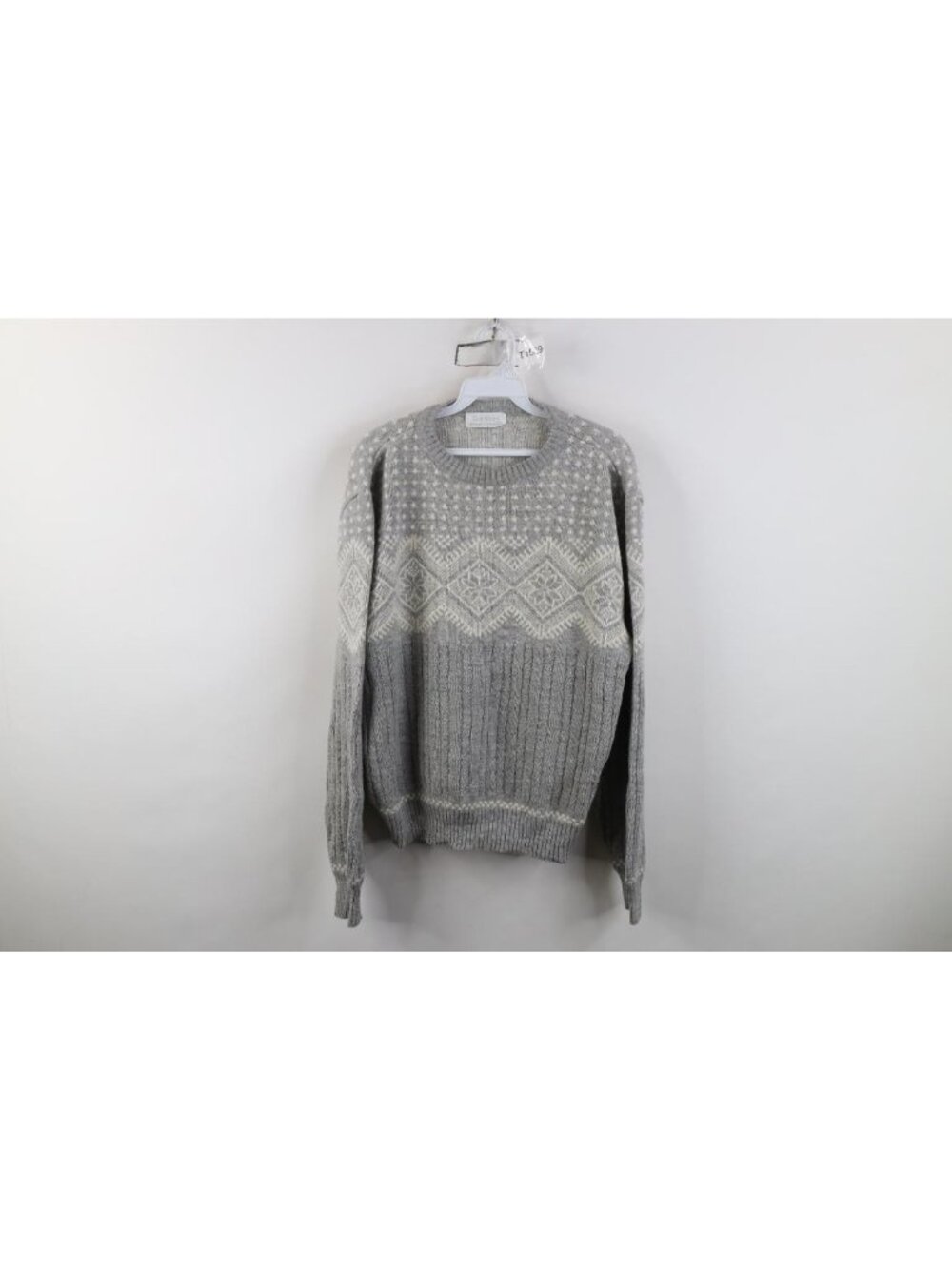 Vintage 90s Crewneck Sweater Womens Size L Gray Fair Isle Snowflake Ribbed Knit
